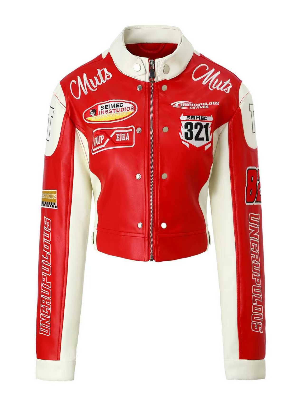 Women's Leather Stand Collar Color Contrast Patchwork Imitation Racing Jackets