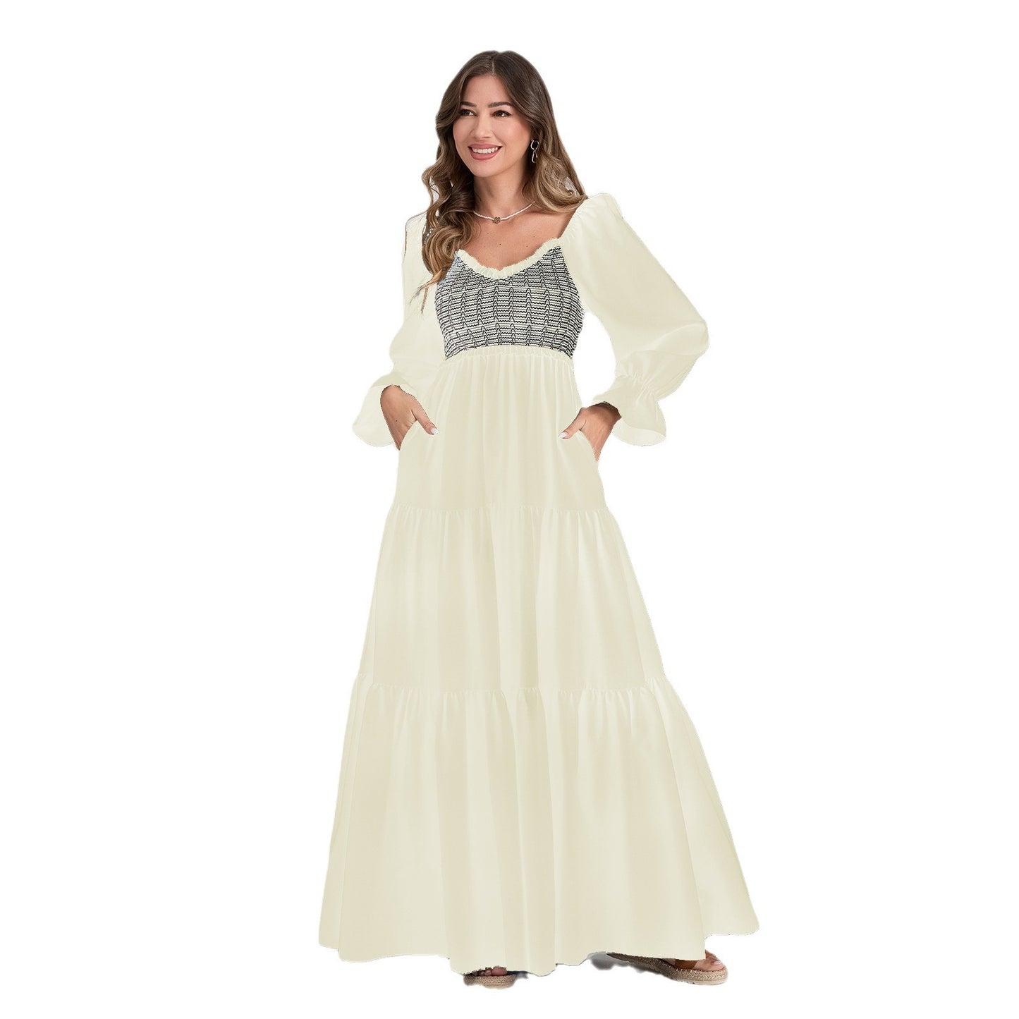 Women's Popular Long Sleeve Pleating Layered Wooden Dresses