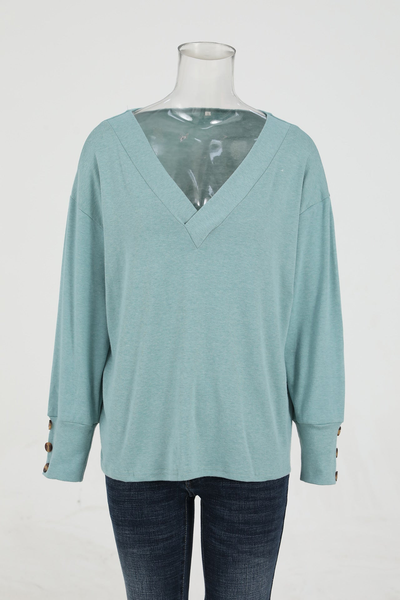Solid Color Loose Button Long-sleeved Brushed Women's T-shirt
