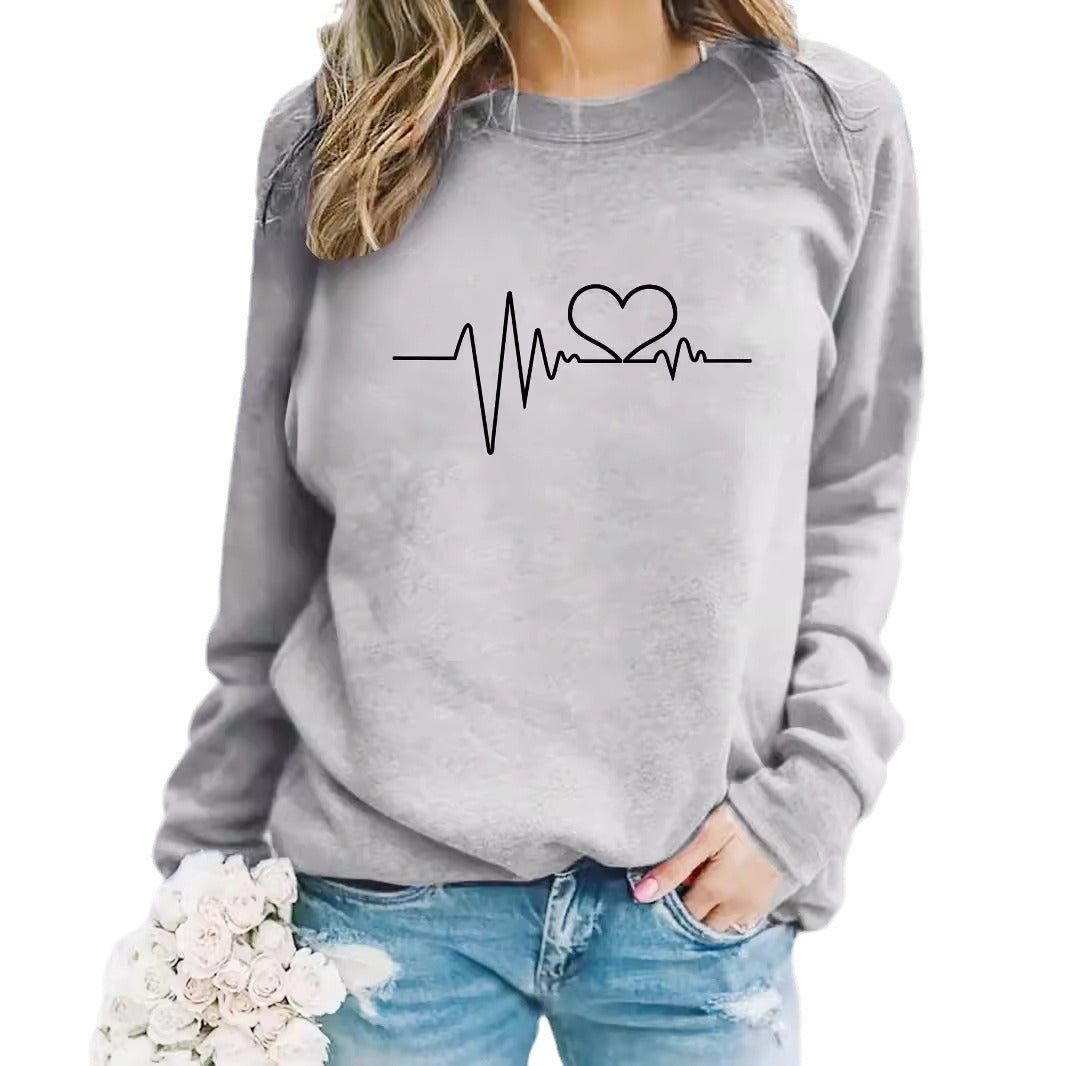 Women's Long-sleeved Round Neck Heartbeat Print Pullover Women's Sweater, Sweater