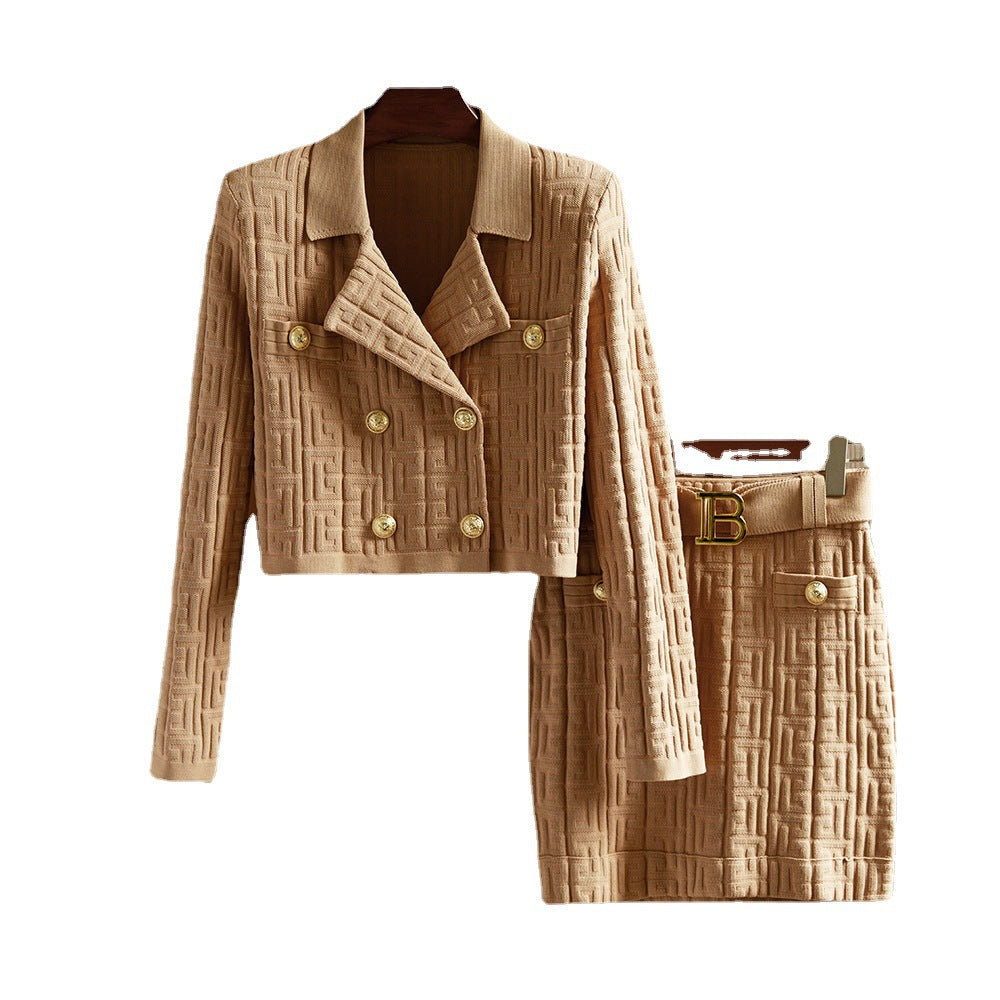 Khaki Jacquard Knitted Collar Two-piece Fashion Suits