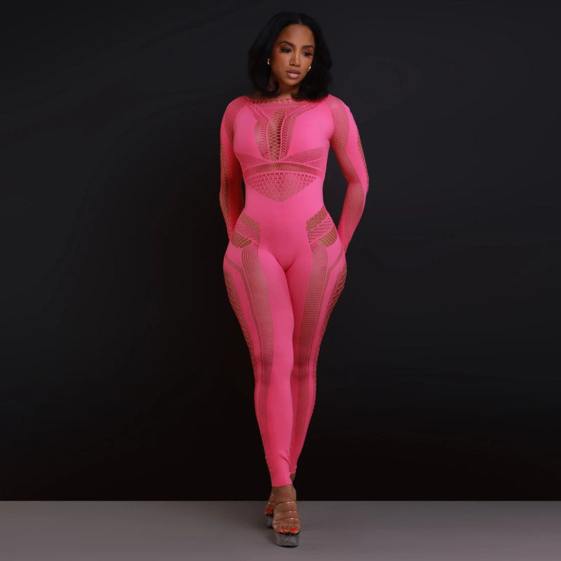 Women's Autumn Nylon One-piece Knitted Hollow Slim Women's Jumpsuit/clothing