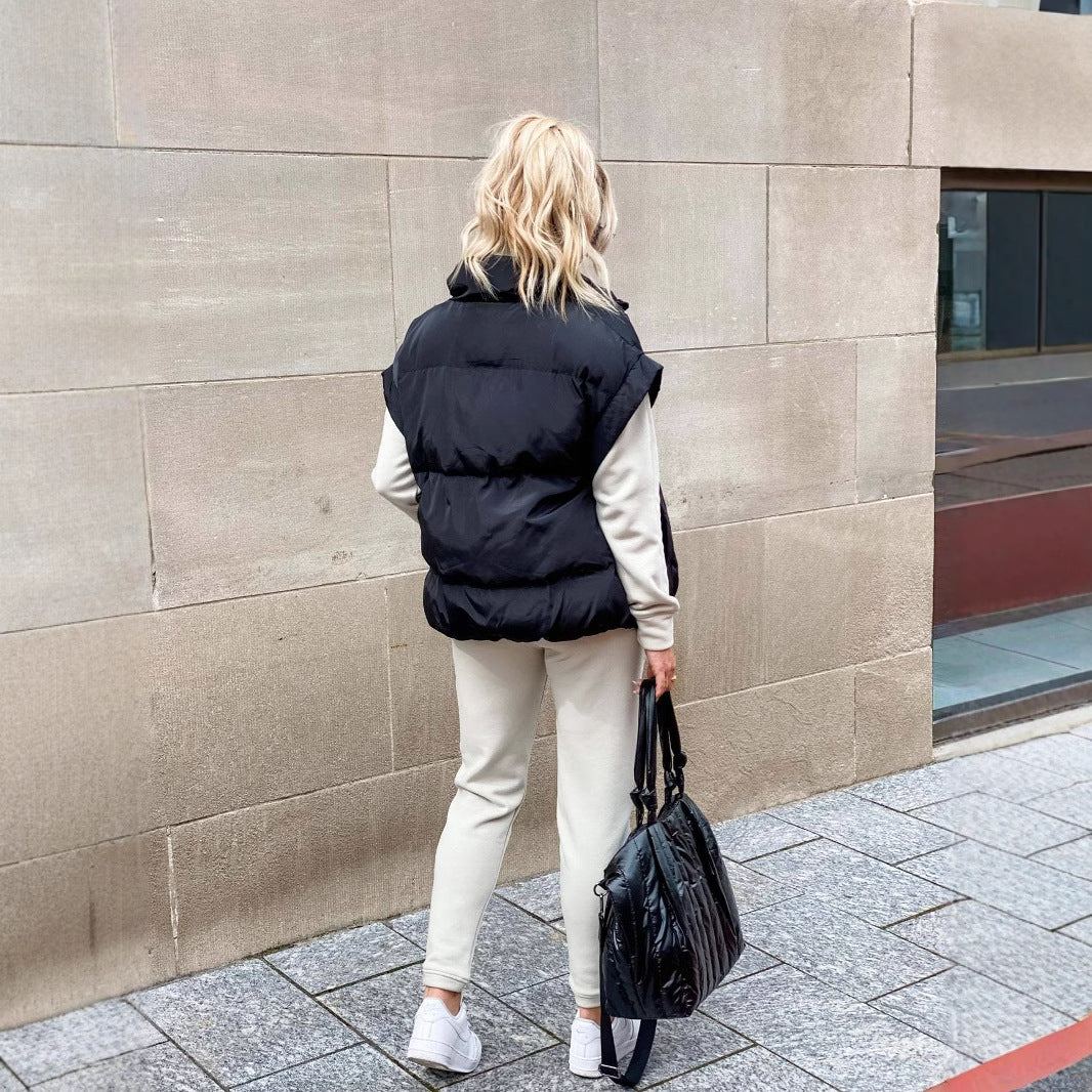 Women's Fashion Solid Color Zipper Pocket Stand-up Vests