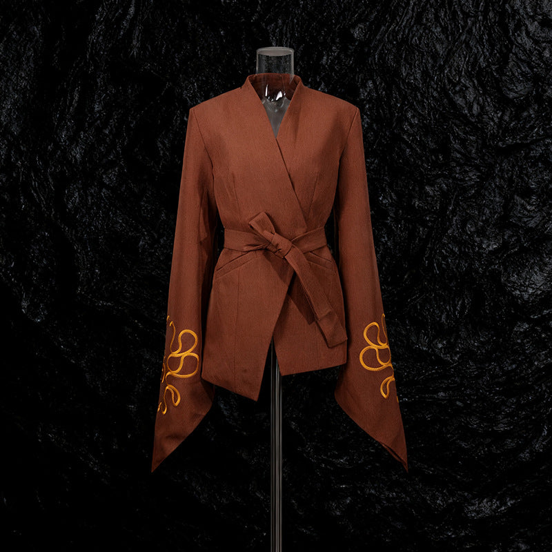 High-grade Embroidered Elegant Flare Sleeve Waist Asymmetric Blazers