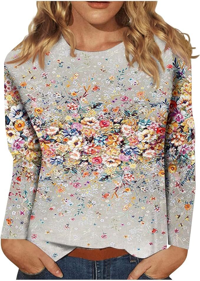 Women's Round Neck Long Sleeve Loose Print Tops