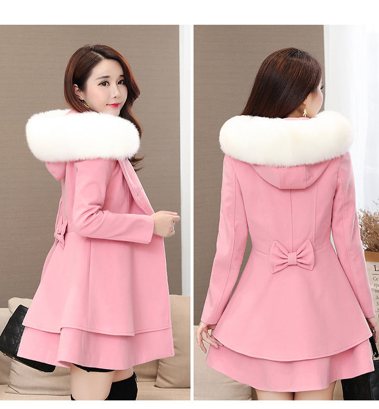 Women's Contrast Color Fur Collar Woolen Plaids Coats