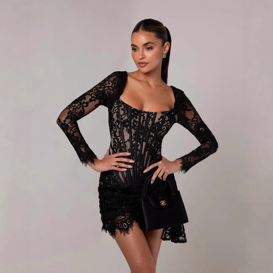 Sleeve Sexy Lace Mesh Fishbone Waist Dresses