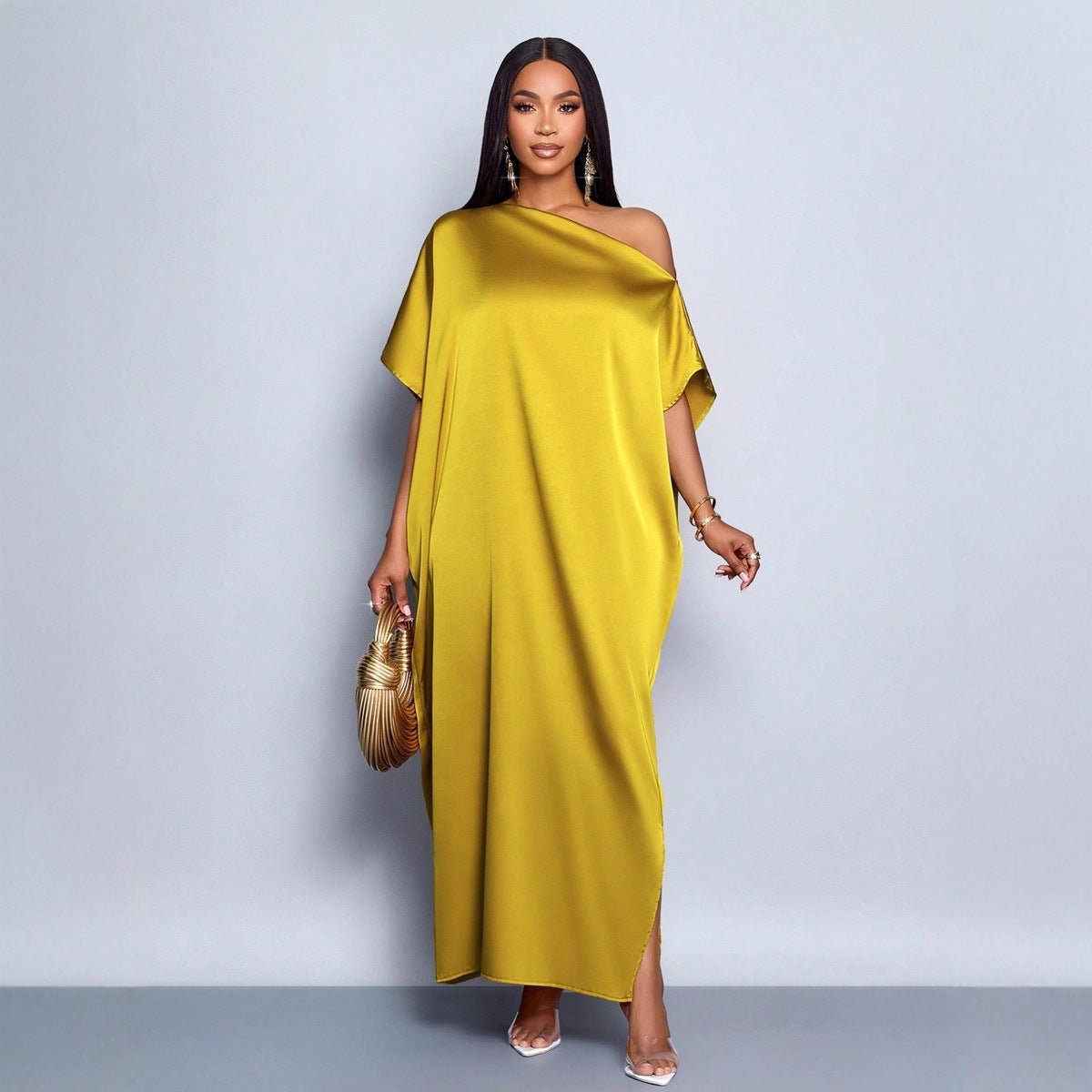 Women's Early Autumn Satin Dress Yellow Long Dresses