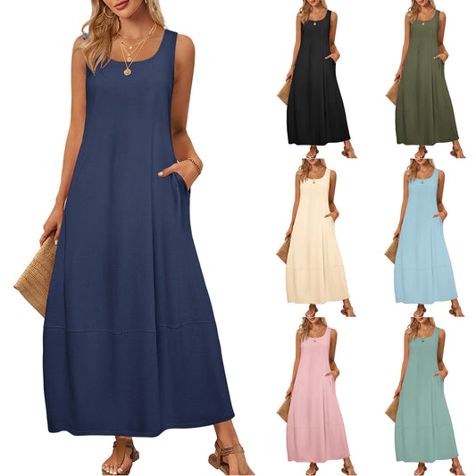 Women's Solid Color Pocket Sleeveless Casual Holiday Dress