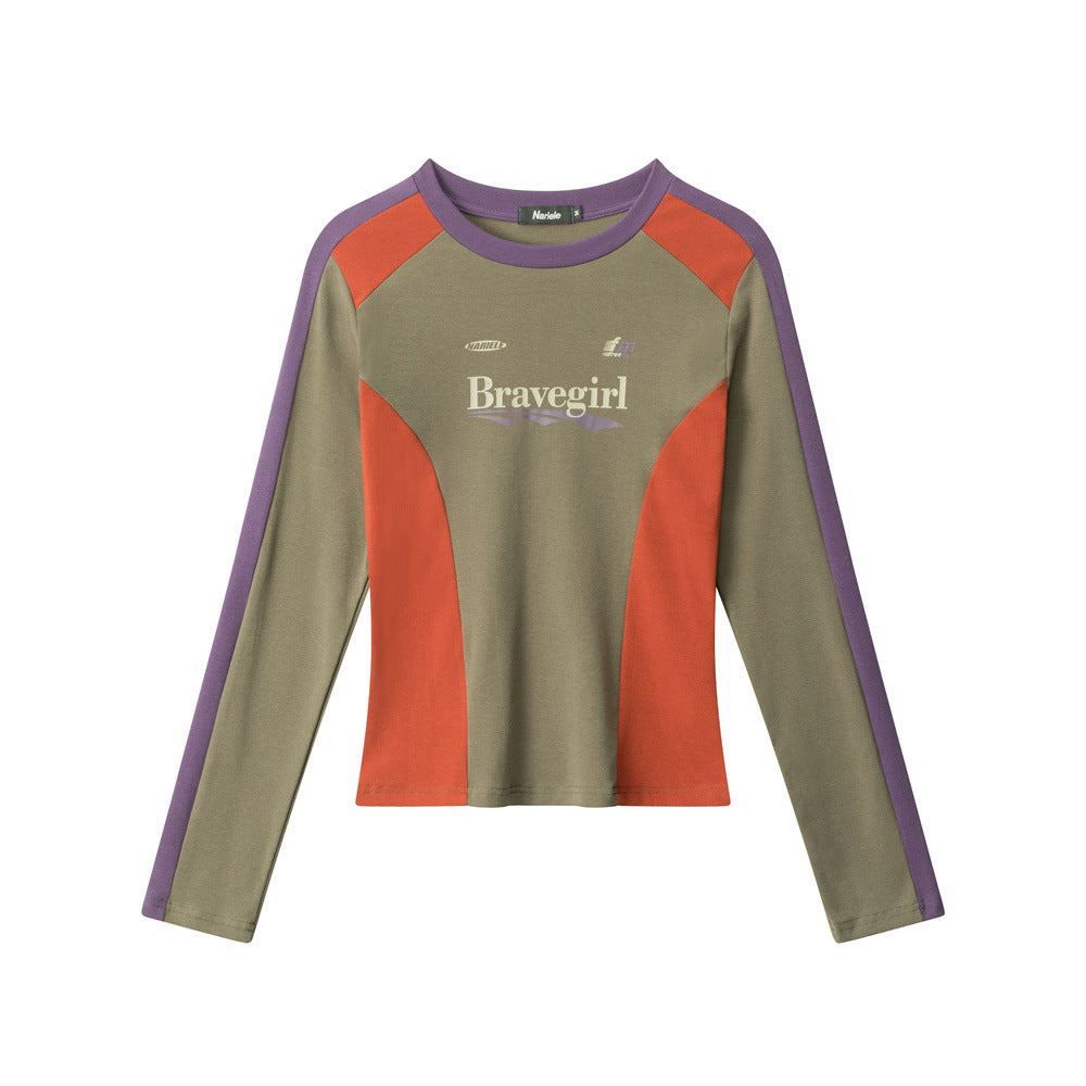 Women's Retro Long Sleeve T-shirt Contrast Color Inner Blouses