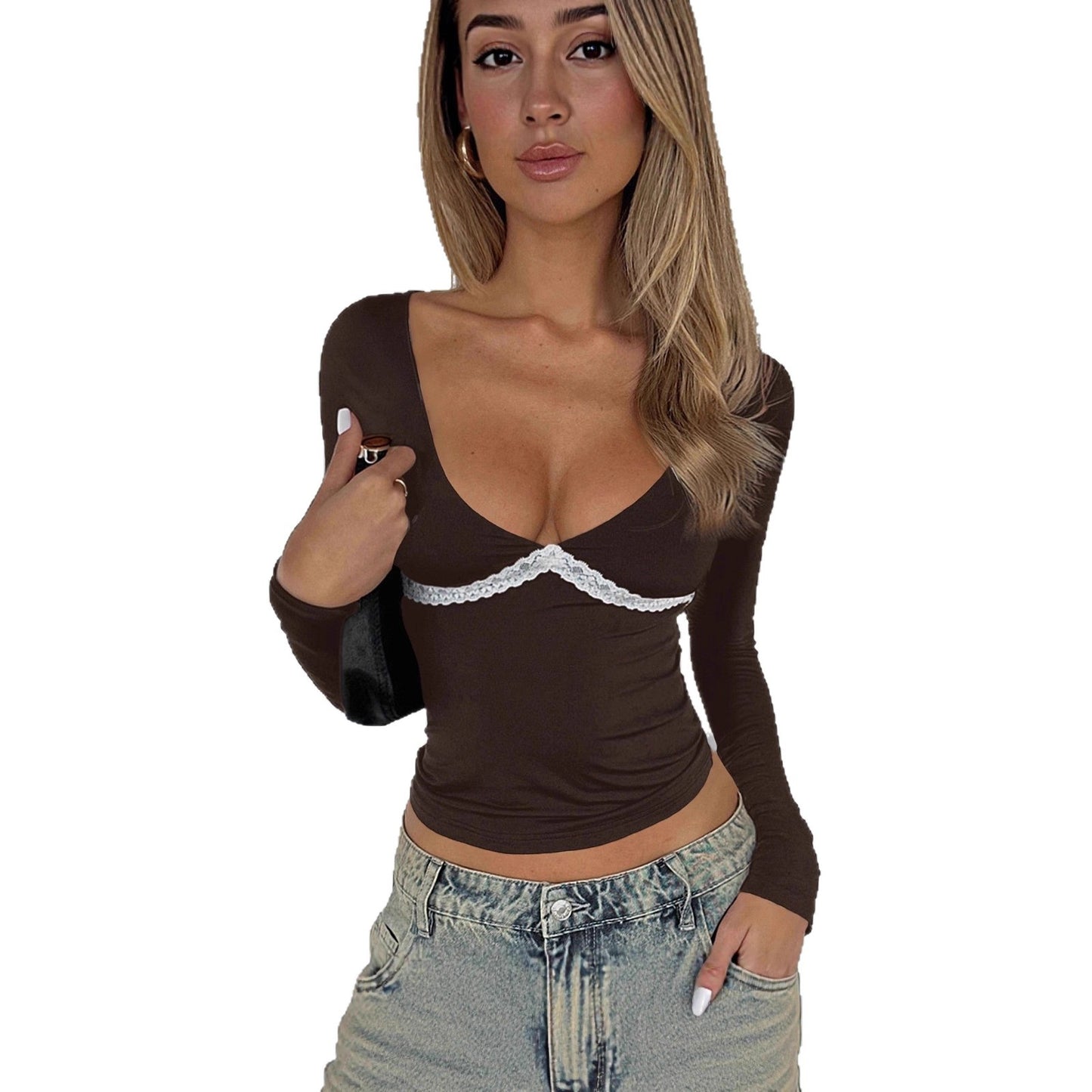 Women's Autumn Hot Style Lace Stitching Long Women's T-shirt