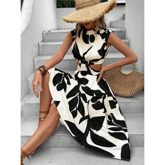 Women's Summer Round Neck Sleeve High Waist Plant Floral Print Dress