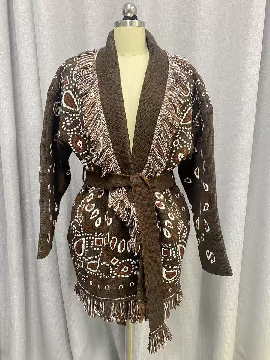Bohemian Tassel Jacquard Mid-length Loose Lapels Sweaters