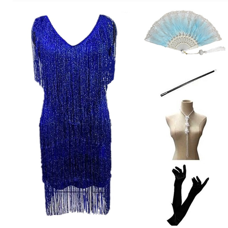 Women's Vintage Sequined Party Dinner Dress Tassel Dresses
