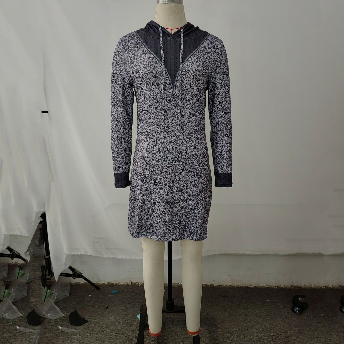 Sleeve Round Neck Printed Zipper Mid-length Women's Sweater, Sweater