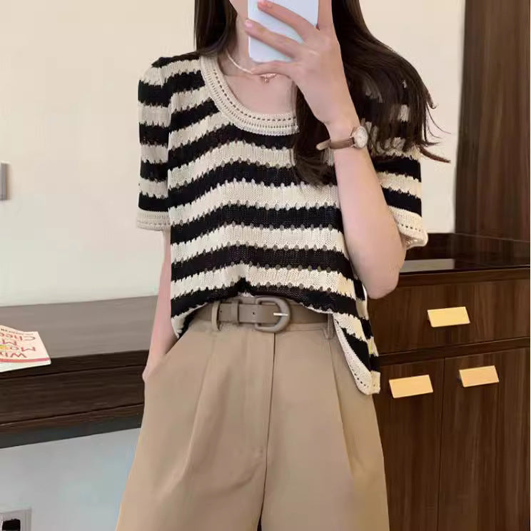 Women's Thin Hollow Loose Striped Summer Design Women's T-shirt
