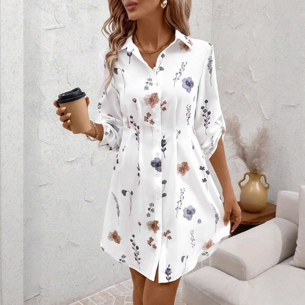 Women's Versatile Commuter Floral Print Shirt Dress Dresses