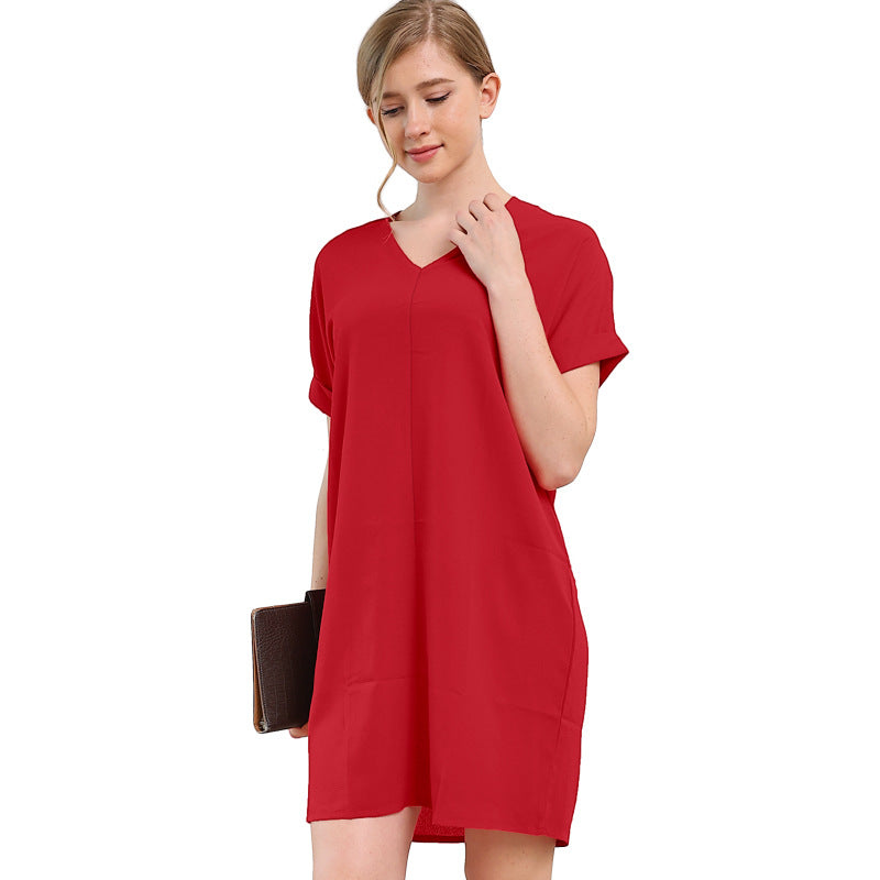 Solid Color Short-sleeved Stitching Seersucker High Waist Dress