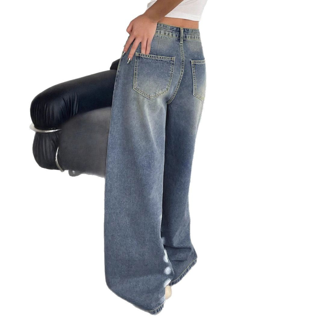 Women's Washed Blue Super Long Mop Loose Hole Women's Jeans