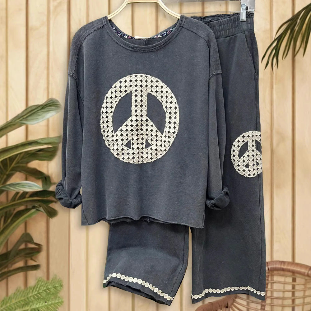 Women's Casual Round Neck Lace Affixed Cloth Suits