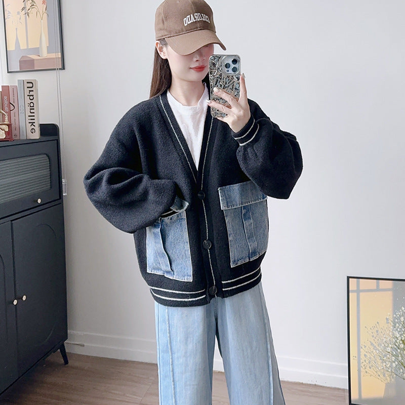 Women's Denim Patchwork Knitting Idle Style Loose Knitwear
