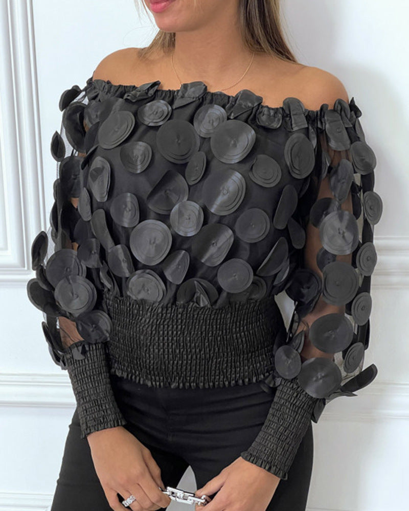 Women's Fashion Black Mesh Three-dimensional Flower Puff Jumpsuits