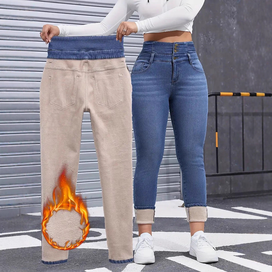 Women's Fashionable Fleece-lined Elastic Skinny Solid Color Women's Jeans