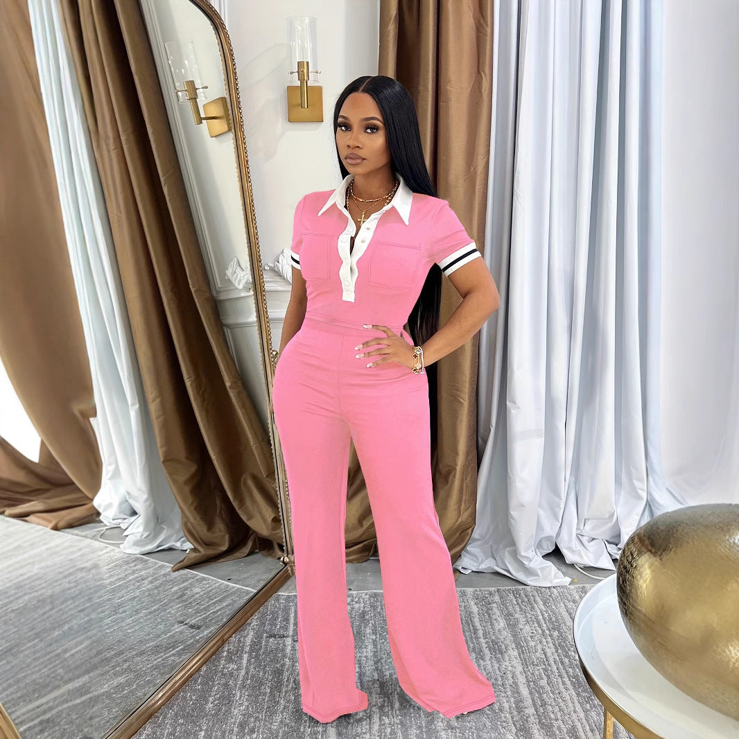 Women's Casual Collar High Waist Wide Leg Contrast Suits
