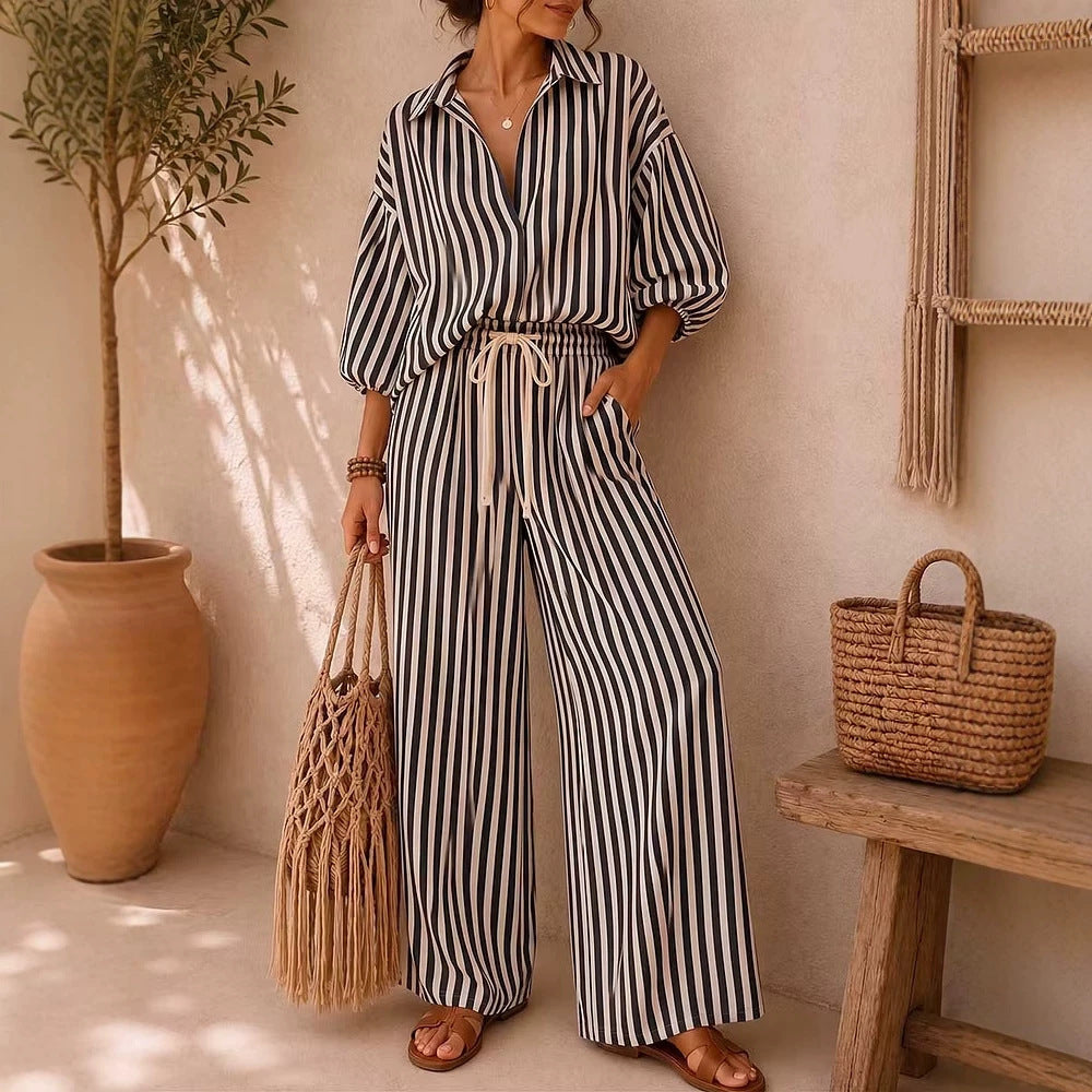 Women's Summer Striped Long-sleeved Loose Two-piece Fashion Casual Suit
