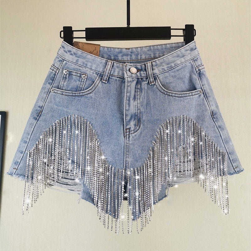 Women's Fashion Ripped Tassel Chain Sexy Women's Jeans