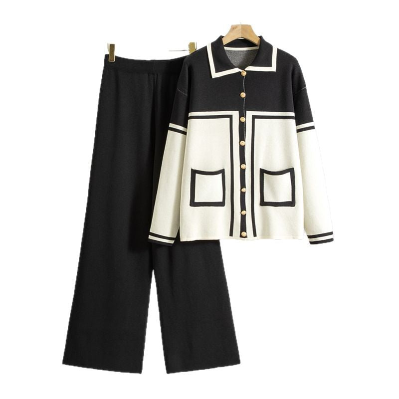 Women's Lapel Contrast Color Set Loose Knitted Fashion Casual Suit