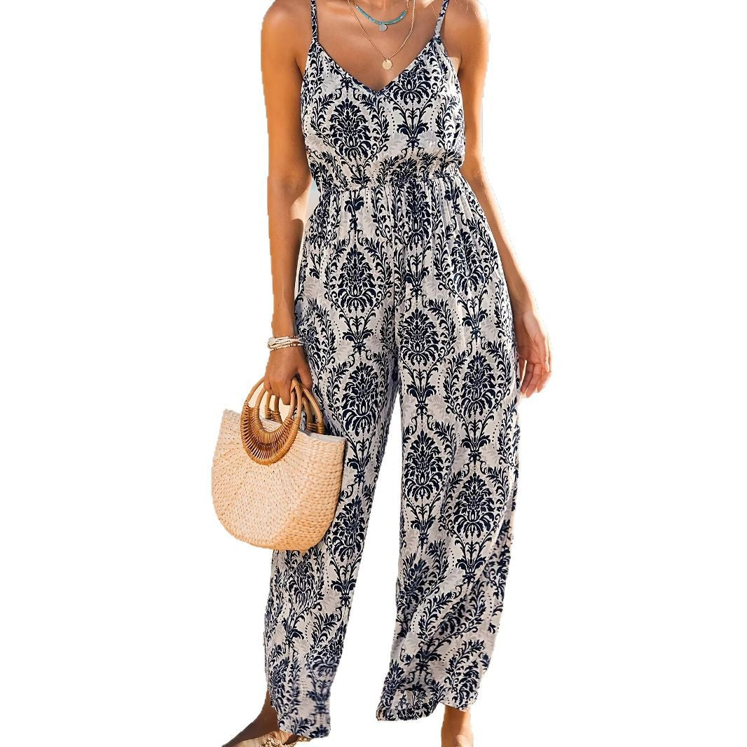 Women's Printed Spaghetti Straps Sleeveless Straight Women's Jumpsuit/clothing