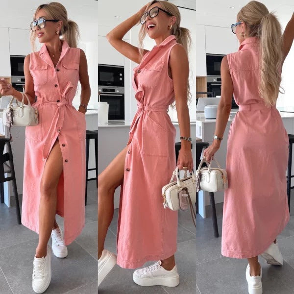 Sleeveless Long Tie Waist Single-breasted Denim Dresses