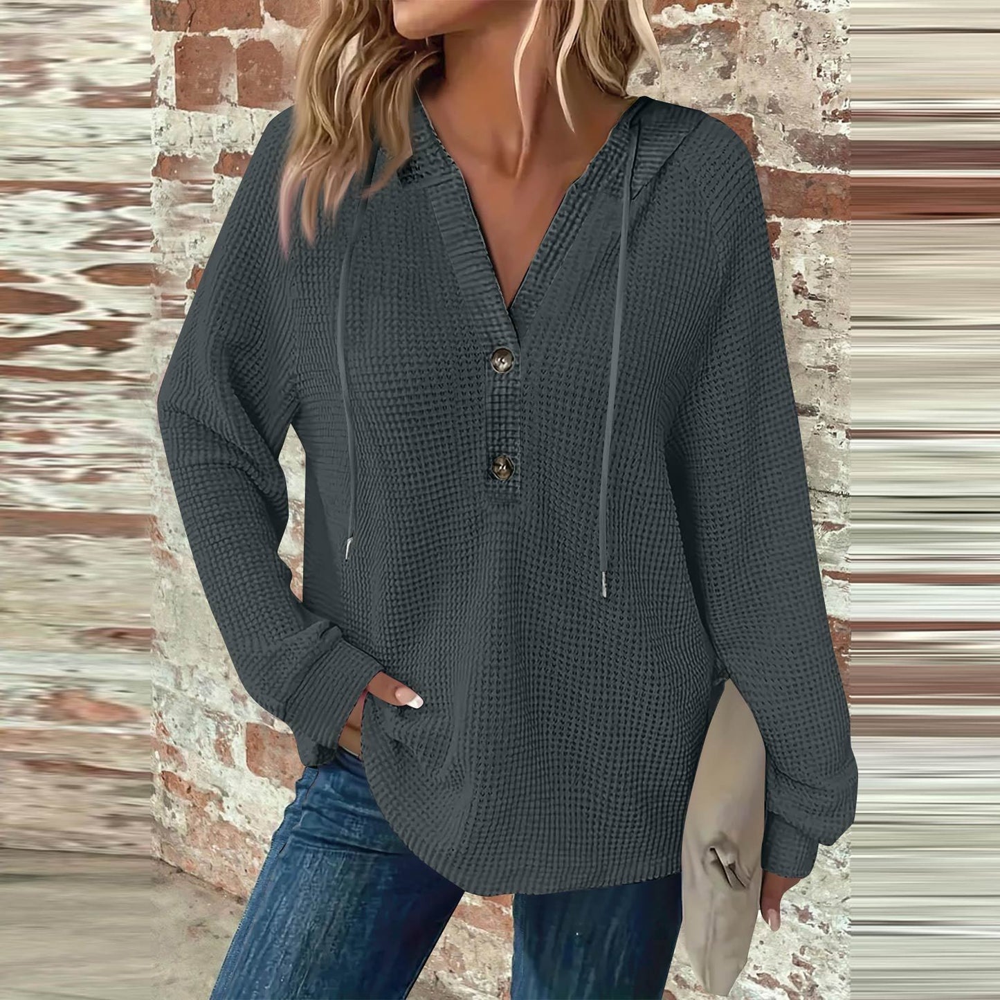 Women's Hoodie Waffle Knit Drawstring Button Long Sleeve Pullover Leisure Sweaters