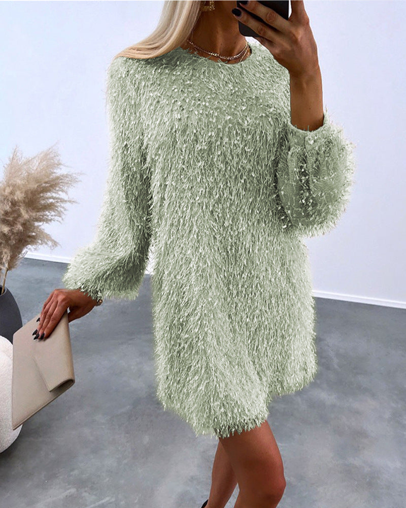 Women's Fashion Round Neck Furry Tassel Dress Jumpsuits