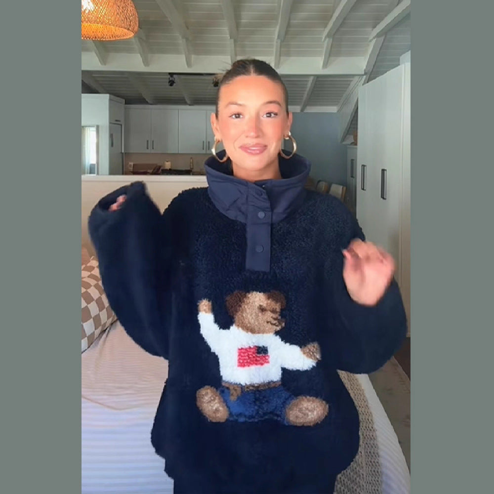 Loose Versatile Stand Collar Bear Pattern Coats