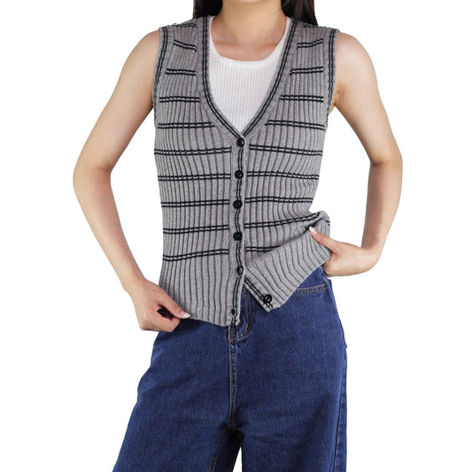Women's Cool Waistcoat Collar Striped Knitted Vests