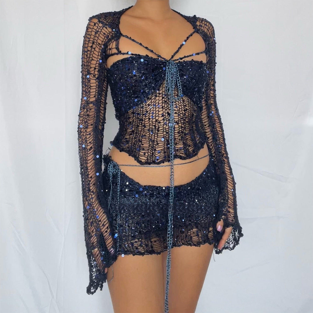 Comfortable Creative Women's Sequin Knitted Three-piece Fashion Casual Suit
