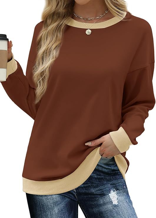 Women's Crew Neck Long Sleeve Loose Color Matching Rib Tops