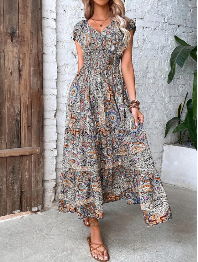 Women's Bohemian Style Floral Print Large Swing Dress