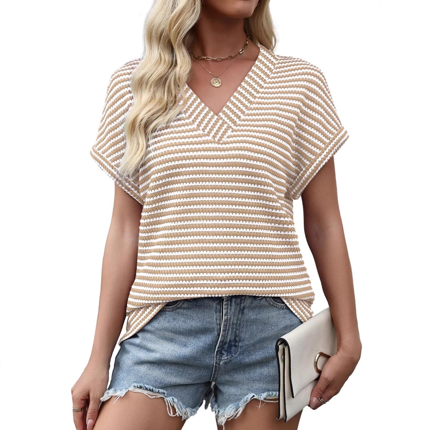 Women's Summer Striped Pineapple Plaid Loose Sleeve Women's T-shirt