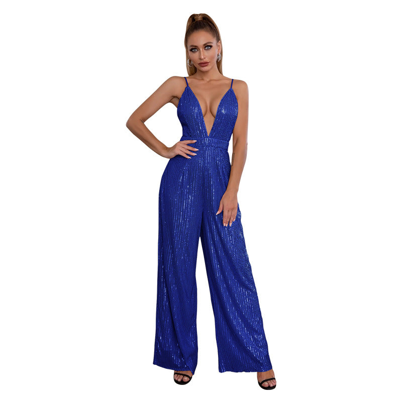 Women's Sequined Sleeveless Hot Deep Backless Sling Jumpsuits