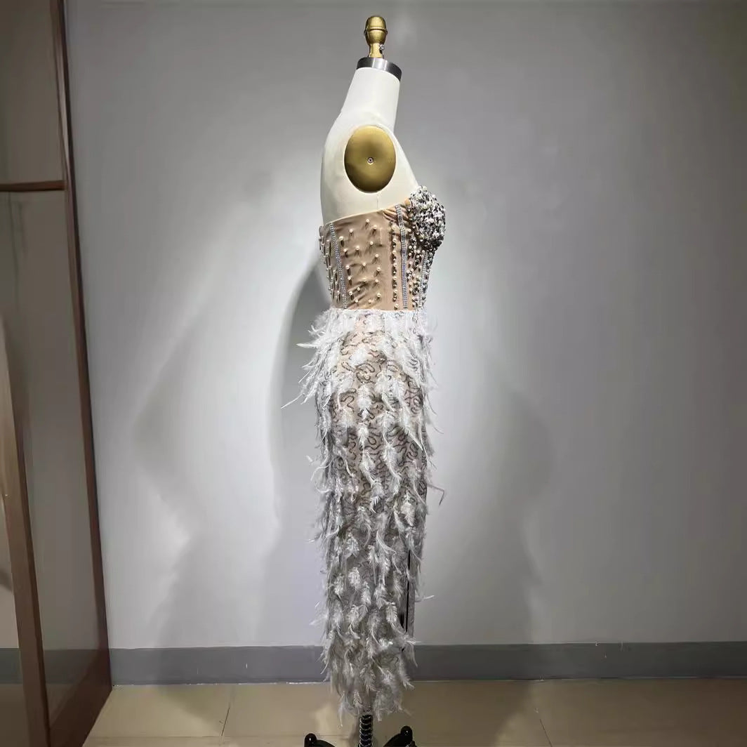 Feather Rhinestone Beaded Sexy High Split Tube Dress Birthday Dresses