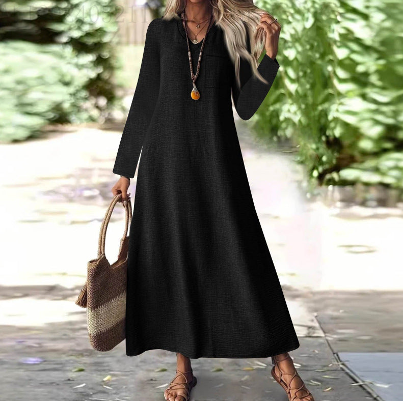 Summer Back Zipper Cotton Linen Solid Color Dress