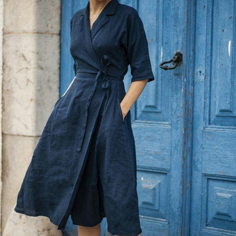 Linen Half Sleeve Turn-down Collar Large Swing Solid Dress