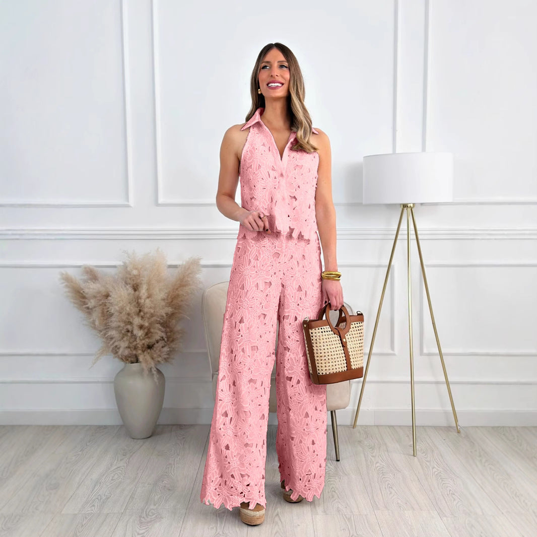 Summer French Style Embroidered Hollow Straight Fashion Casual Suit