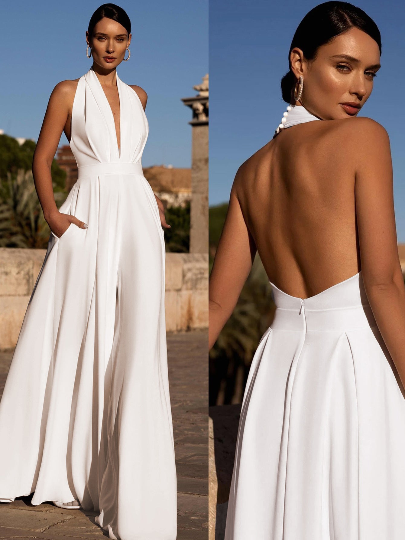 Women's Sleeveless Halter Solid Color Wide Leg Jumpsuits