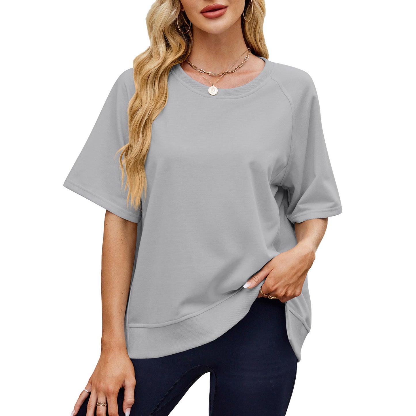 Women's Solid Color Thread Round Neck Shirt With Half Sleeve Shorts