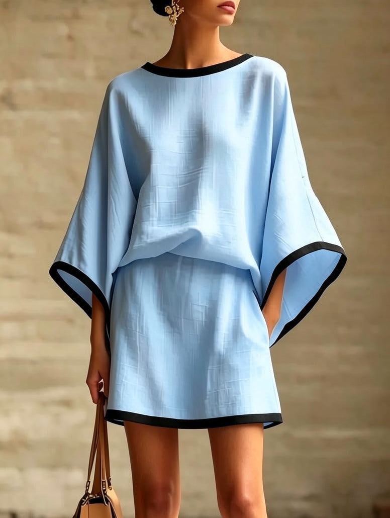 Women's Cotton Linen Dolman Sleeve Two-piece Set Skirts