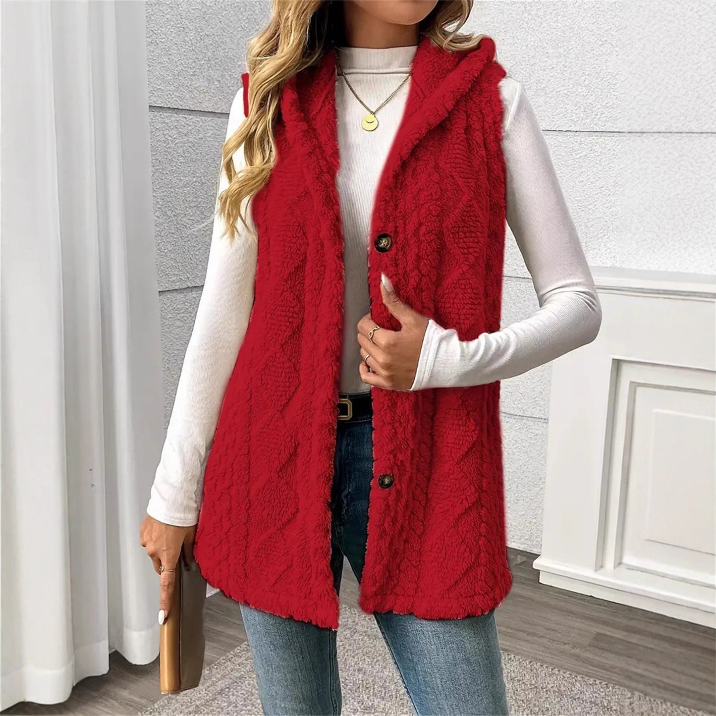Solid Color Double-sided Plush Hooded Button Women's Vest